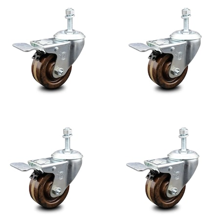 Service Caster 3 Inch High Temp Phenolic Swivel 3/8 Inch Stem Caster Set with Total Lock Brake SCC-TSTTL20S314-PHSHT-381615-4